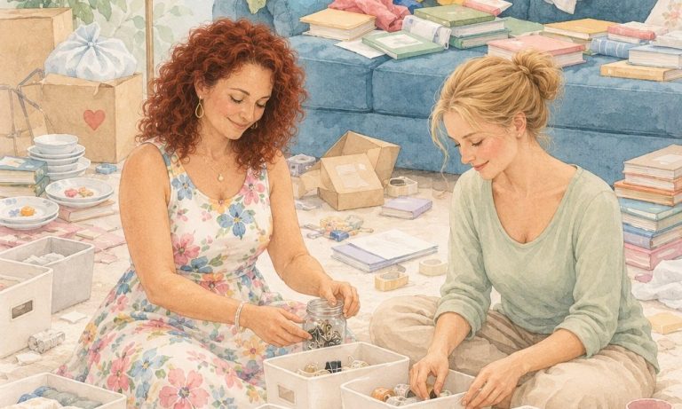 Wenn Unordnung zur Belastung wird I achtsames Ordnen Zwei Frauen sitzen auf dem Boden und sortieren Gegenstände in einer Wohnung