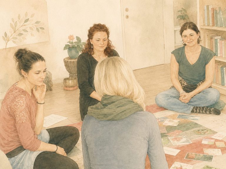 Leistungen: Vorträge & Workshops I achtsames Ordnen Vier Frauen sitzen im Kreis auf dem Boden und diskutieren über Karten in einem hellen Raum.